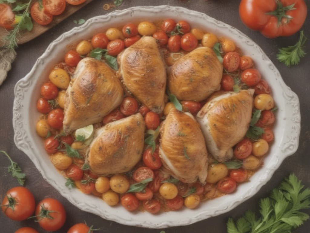 Frango Dourado Crocante com Tomates Assados e Alecrim Fresco