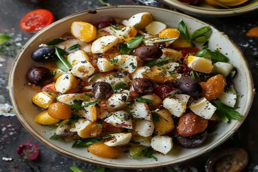 Crocante Salada Grega de Massa: Feta Vegano e Olivas Mediterrâneas