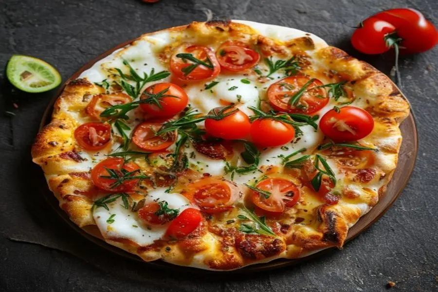 Focaccia Nômade: Ervas Frescas, Ricota Fermentada e Tomate Cereja Assado