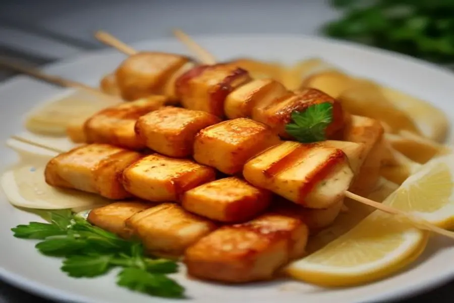 Espetadas Gregas Douradas: Halloumi Crocante e Frango Suculento