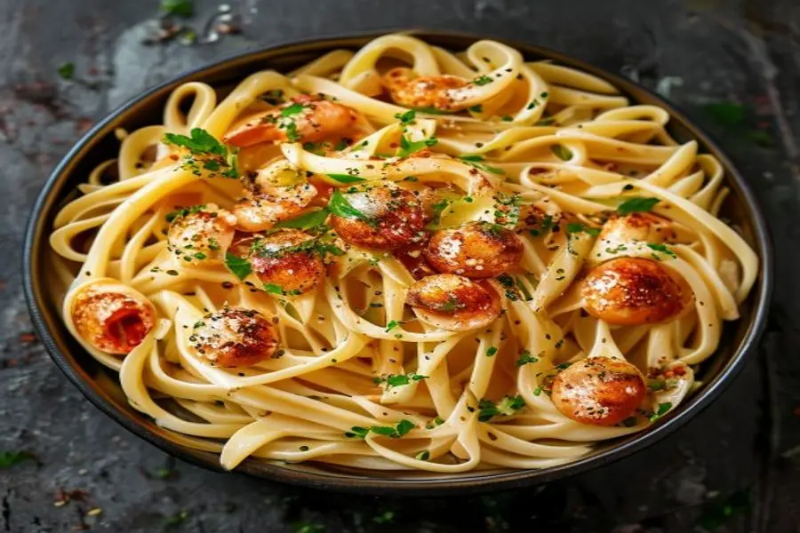Linguine Dourado de Camarão ao Açafrão: Toque Sedoso e Vibrante