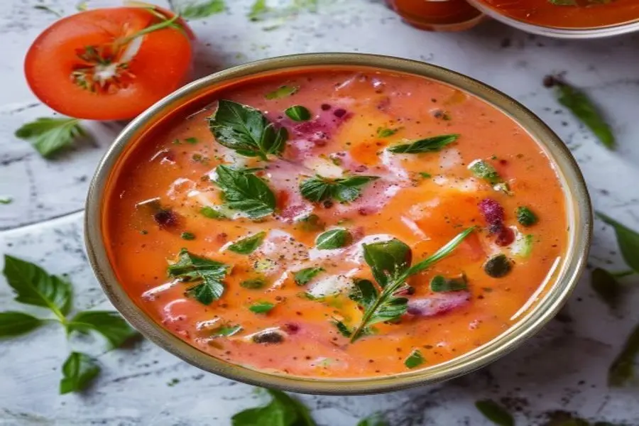 Refrescância Pêssego & Manjericão: Gazpacho de Tomate Rosado