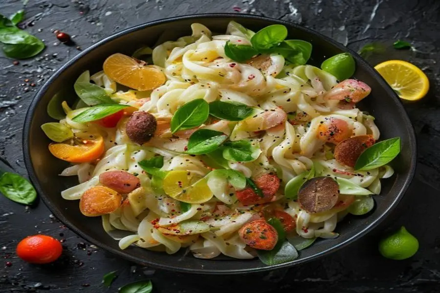 Salada Cítrica de Pasta: Aspargos Grelhados, Limão e Parma Crocante