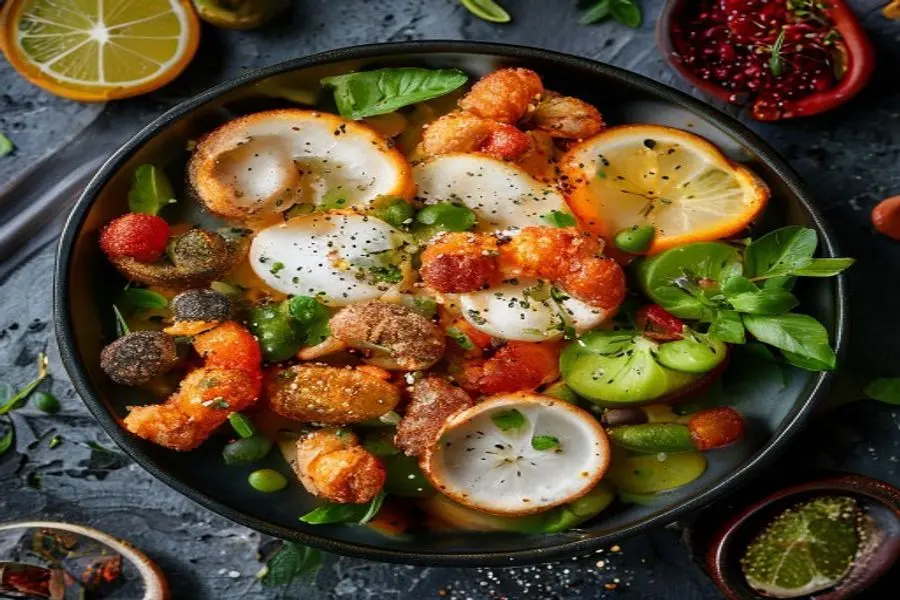 Salada Morna Mediterrânea: Grãos, Camarão Grelhado e Frescor Cítrico