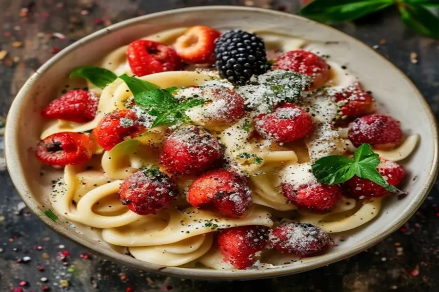 Salada Veranil de Pasta Cremosa com Morango, Feta e Amêndoas
