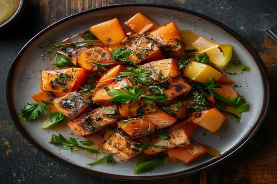 Salmão Braseado com Cuscuz Marroquino e Pistou de Rúcula