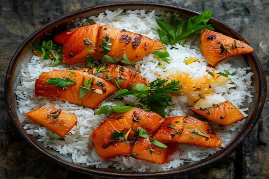 Salmão Grelhado com Mojo Tropical e Arroz Crocante de Coco