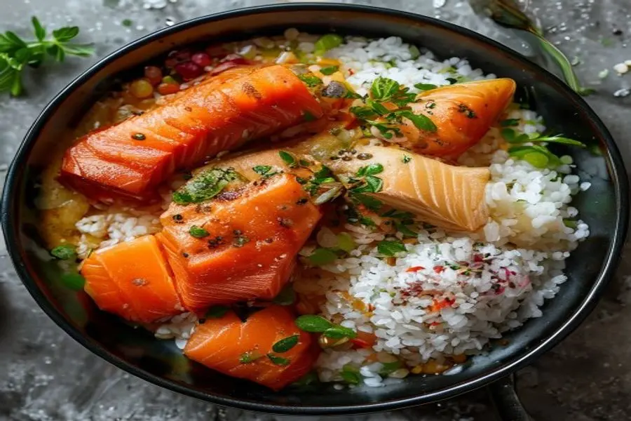 Salmão Selado ao Xarope de Bordo com Risoto de Arroz Selvagem