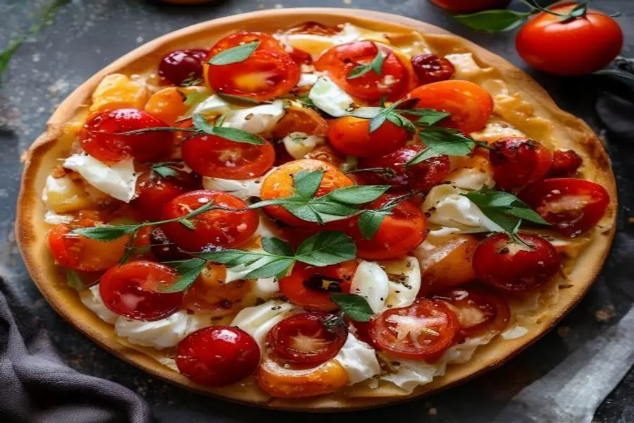 Tarte Rústica de Tomate Cereja com Ricota e Cebolinha Tostada