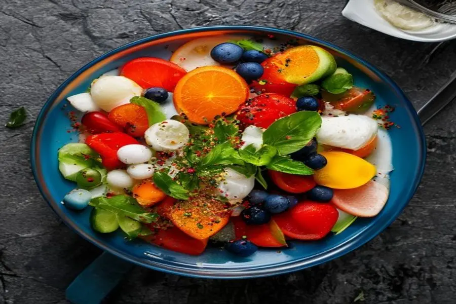 Verão Vibrante: Salada Rubra, Branca e Azul com Brilho Agridoce