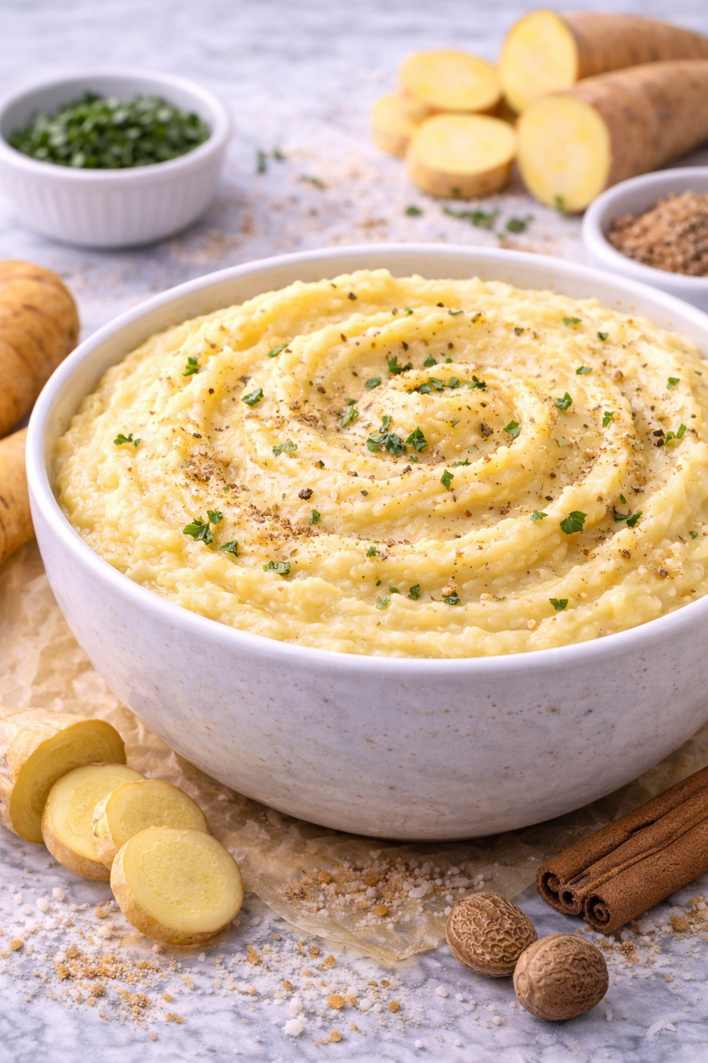 Purê de Mandioquinha com Noz Moscada