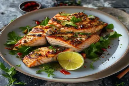 Salada de Salmão Grelhado: Limão, Pimentas e Ervas Vibrantes
