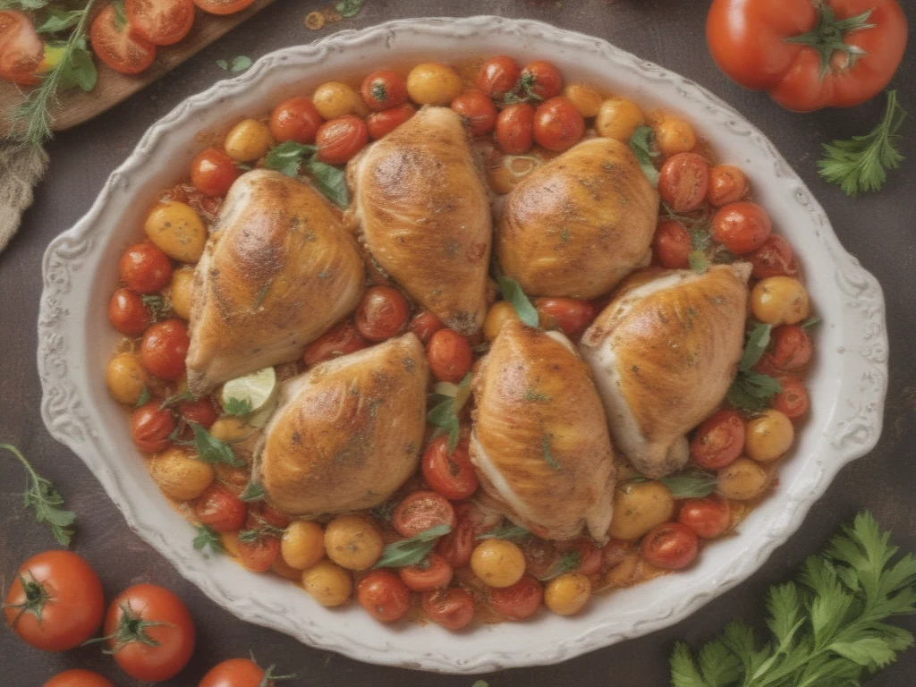 Frango Dourado Crocante com Tomates Assados e Alecrim Fresco