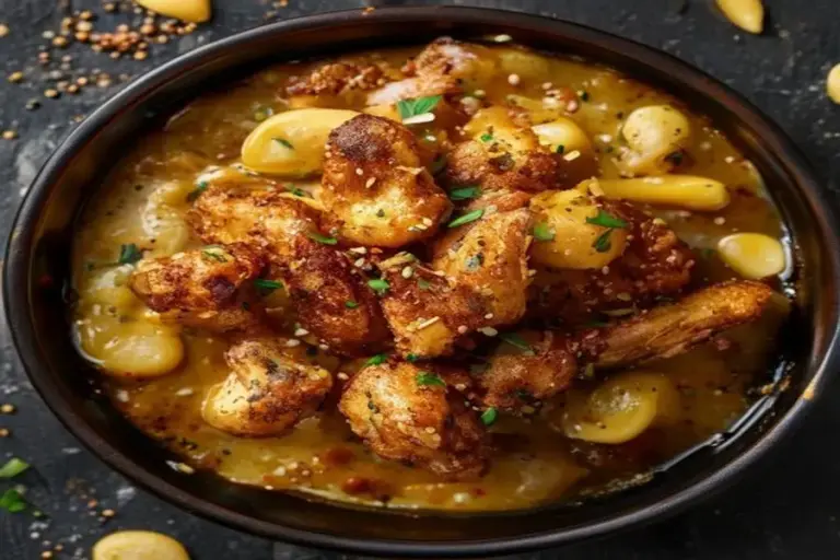 Pollo Crujiente Dorado con Ajo y Mantequilla sobre Frijoles Cremosos