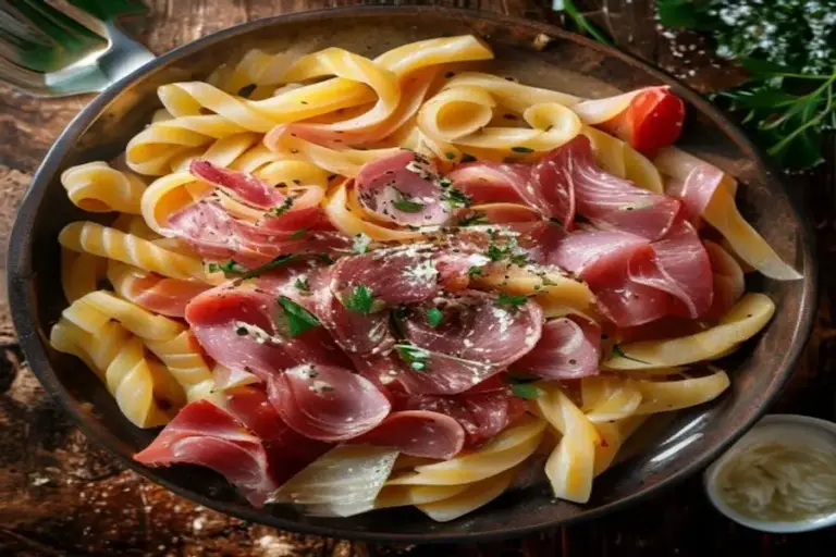 Rústica italiana: Pasta Sedosa con Prosciutto y Guisantes