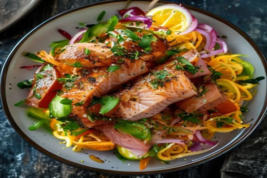 Salmón Bang Bang Crujiente con Ensalada de Repollo y Piña Refrescante