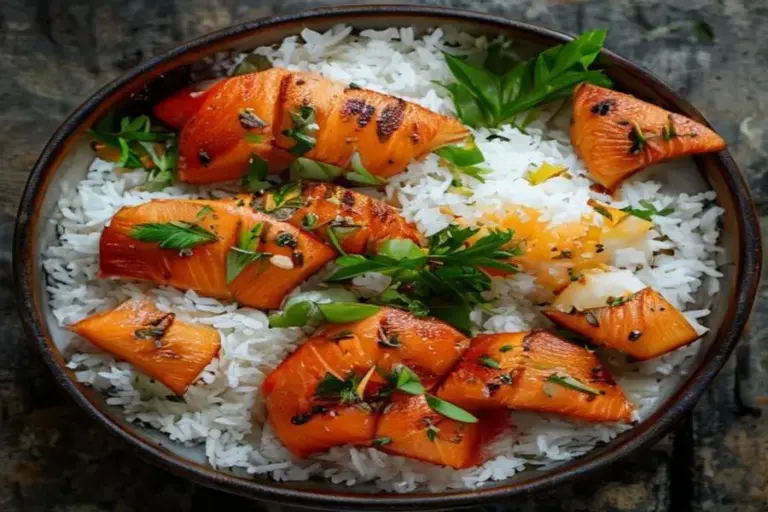 Grilled Salmon with Tropical Mojo and Crispy Coconut Rice
