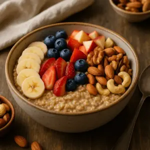 Tigela de Aveia com Frutas e Castanhas