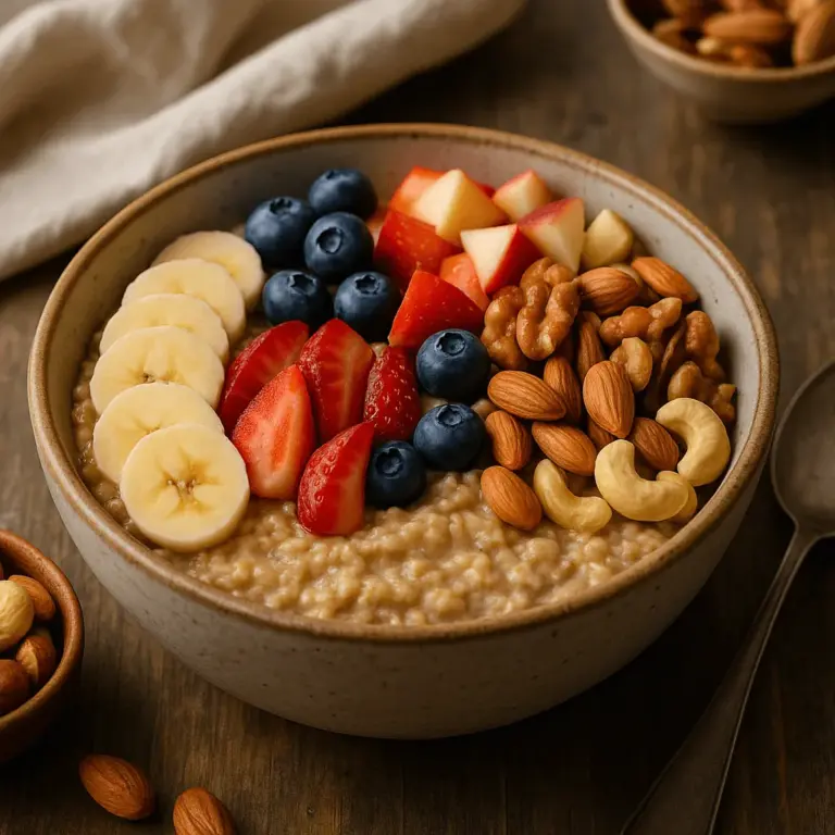 Tazón de avena con frutas y frutos secos